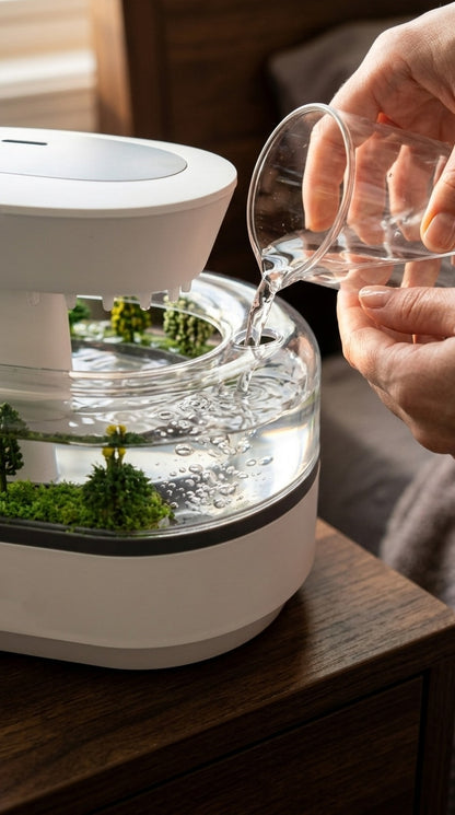 Humidificador SomniaDrop con aromaterapia en funcionamiento — vapor ultrasónico