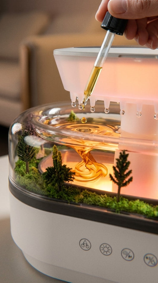 Humidificador SomniaDrop en salón — purifica el aire y aromaterapia